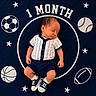 baby, baseball, basketball, blanket, blue, circle, clothing, cute, football, infant, milestone, newborn, one_month, portrait, sleeping, sneakers, soccer_ball, sports_theme, star, text_overlay