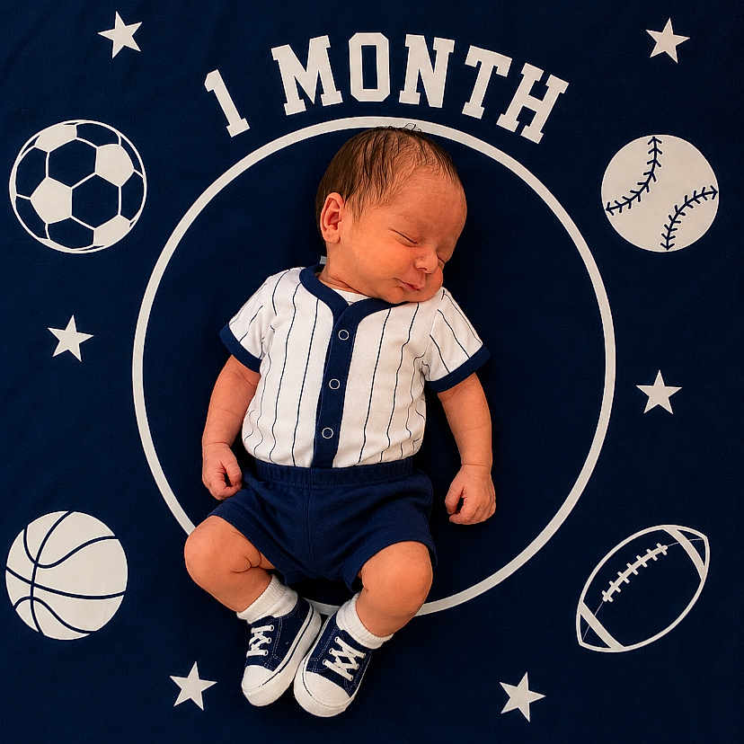 Juan Antonio is registered to the contest to win money with this photo: baby, baseball, basketball, blanket, blue, circle, clothing, cute, football, infant, milestone, newborn, one_month, portrait, sleeping, sneakers, soccer_ball, sports_theme, star, text_overlay