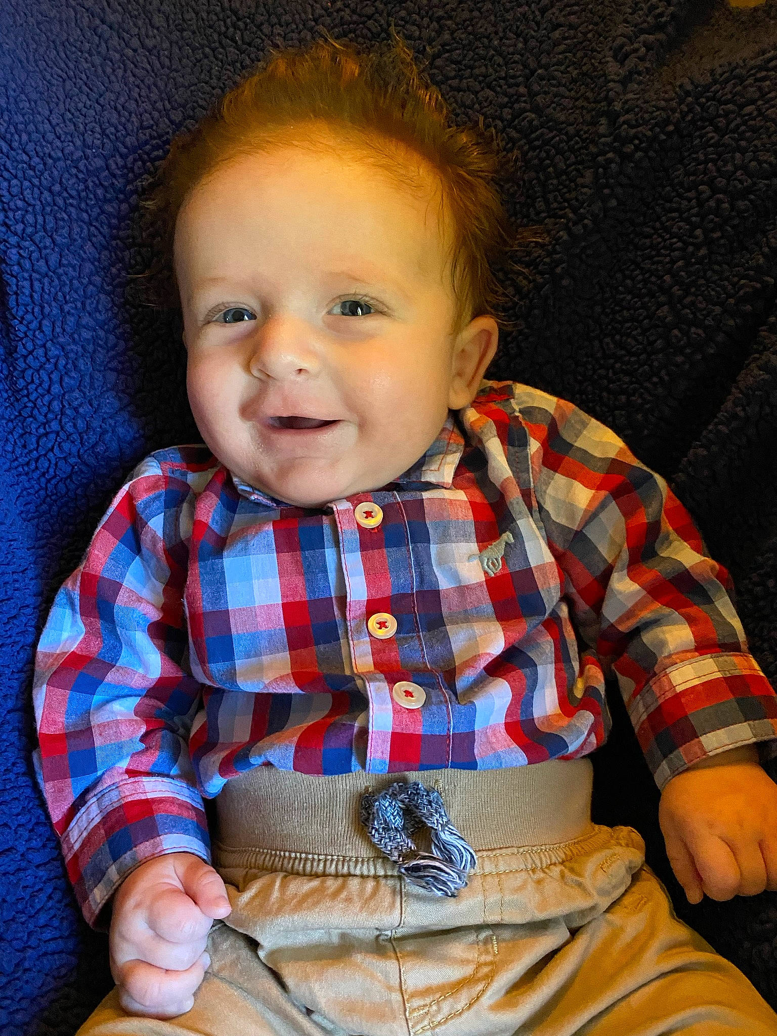 Gideon joined the competition — help win amazing prizes! baby, baby_toddler_clothing, blue, cheek, chin, eye, face, facial_expression, glasses, hairstyle, hand, head, human_body, lip, nose, person, skin, sleeve, smile, tartan