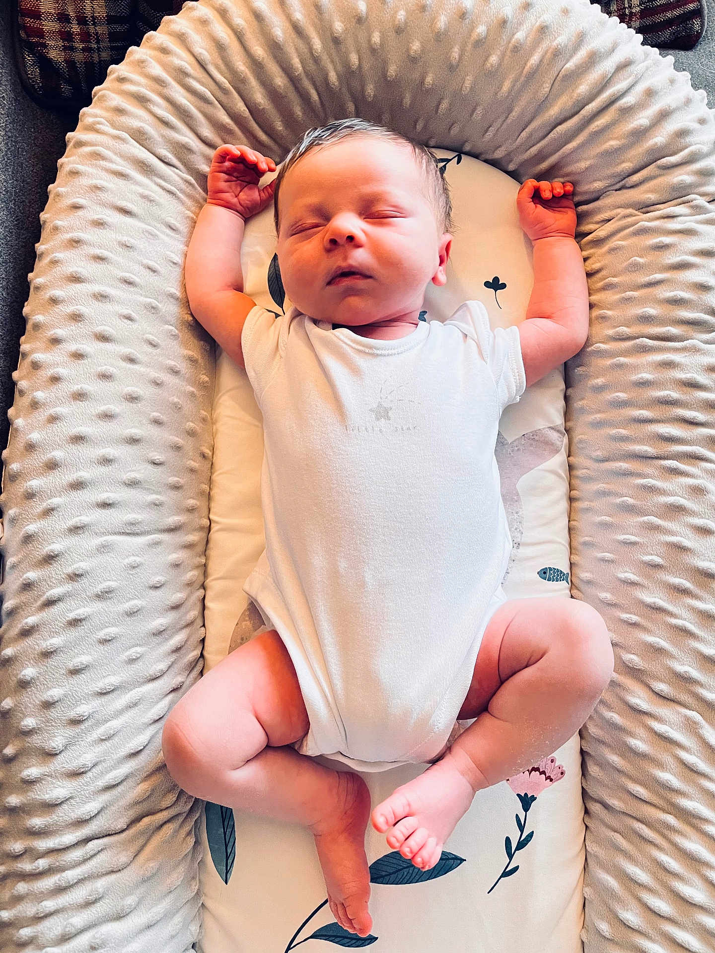 Perrin is registered to the contest to win money with this photo: baby, newborn, sleeping, infant, cushion, white_clothing, arms_up, peaceful, soft_texture, floral_pattern, indoors, skin, legs, feet, head, face, peace, comfort, blanket, rest