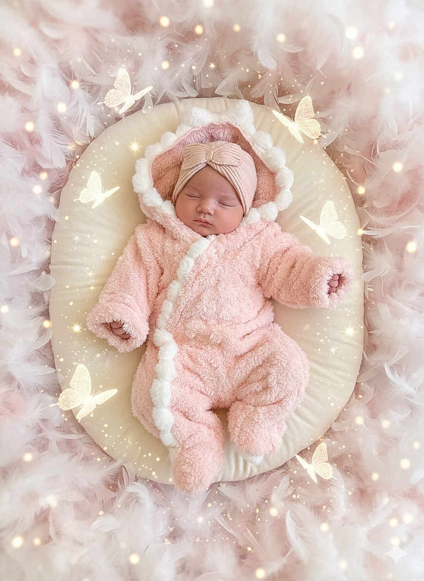 Keyciane a rejoint le concours — aidez-le/la à gagner de superbes lots ! baby, sleeping, pink_outfit, headband, cushion, feathers, butterflies, soft_texture, newborn, cozy, cute, infant, adorable, portrait, child, peaceful, fluffy, fairy_tale, glowing, resting