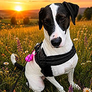 Ulka participe au concours pour gagner de l'argent avec cette photo : dog, sunset, field, wildflowers, grass, harness, leash, outdoor, nature, pet, black_and_white, canine, sitting, scenic, sun, sky, flower, summer, animal, landscape