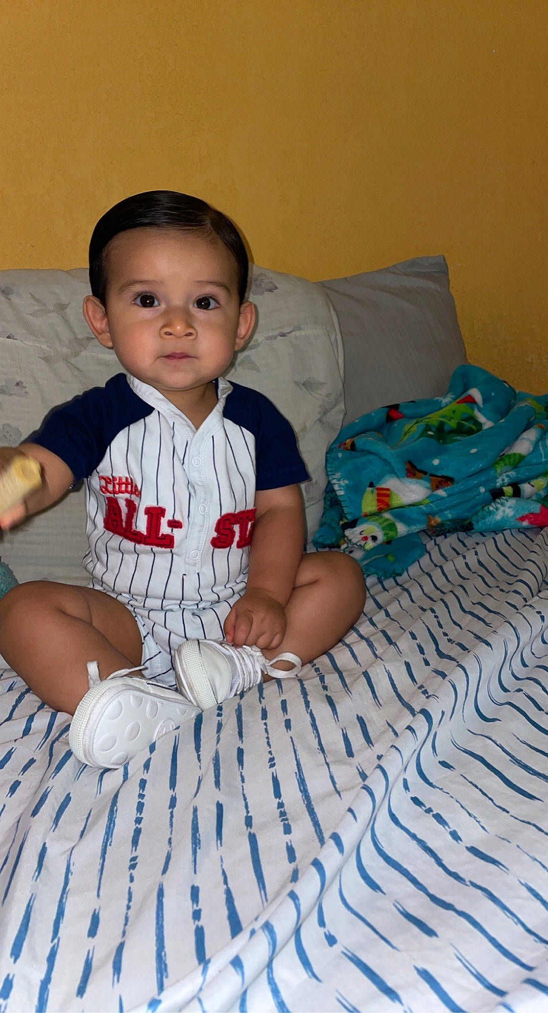 Thiago joined the competition — help win amazing prizes! arm, baby, baby_toddler_clothing, blue, cheek, comfort, elbow, facial_expression, finger, flash_photography, flooring, fun, happy, mouth, person, skin, sleeve, smile, t_shirt, toddler