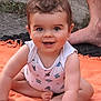 baby, child, smiling, sitting, orange_towel, outdoor, happy, cute, skin, hair, person, barefoot, playful, infant, casual, daylight, expression, one_person, portrait, toddler