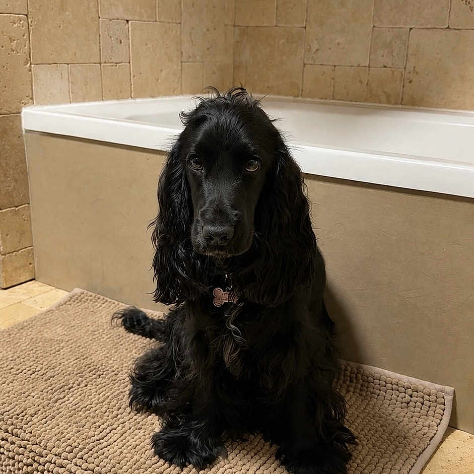 Alma a rejoint le concours — aidez-le/la à gagner de superbes lots ! dog, black_dog, bathroom, bathtub, bath_mat, tile_wall, pet, animal, long_hair, sitting, indoor, fur, cute, portrait, looking_at_camera, calm, home, floor, step, curled_tail