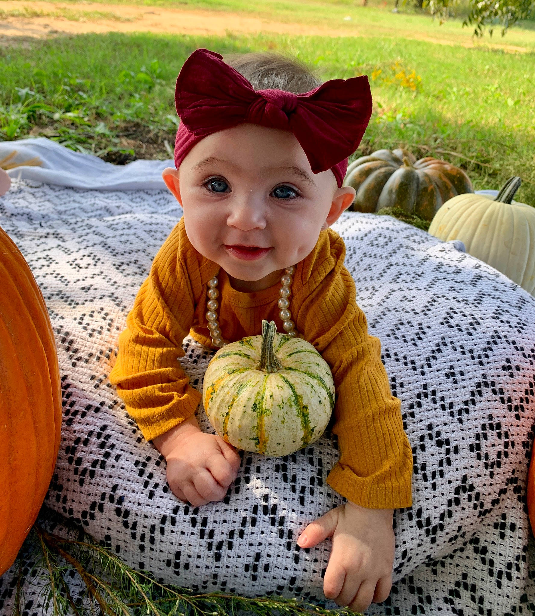 Mia Faye is registered to the contest to win money with this photo: baby_toddler_clothing, calabaza, cucurbita, dress, eye, gourd, grass, happy, hat, head, headwear, human_body, jeans, people_in_nature, person, plant, pumpkin, smile, squash, toddler
