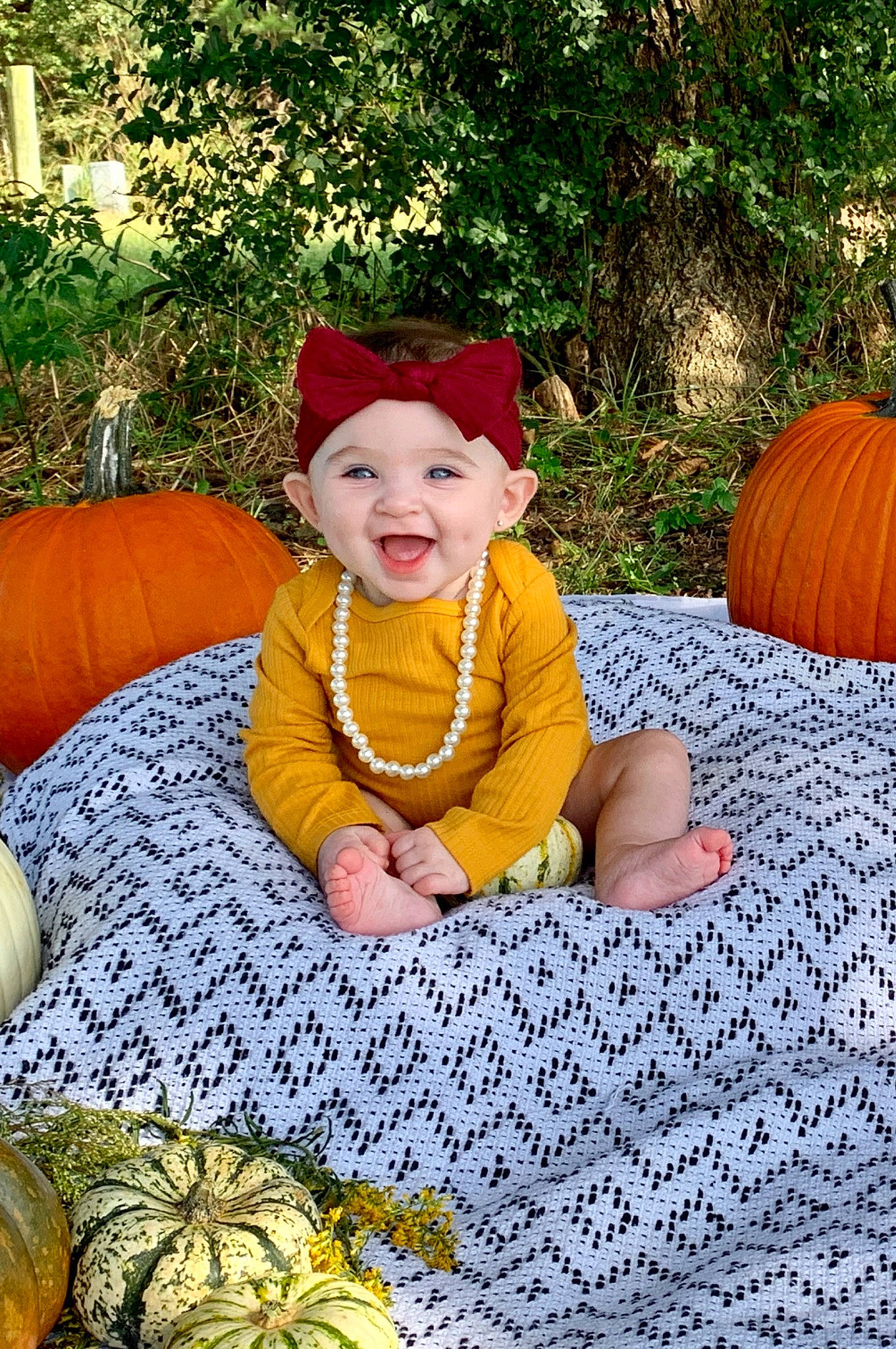 Mia Faye joined the competition — help win amazing prizes! baby, botany, calabaza, cucurbita, fun, gourd, grass, happy, hat, headwear, leaf, leisure, orange, people_in_nature, person, plant, pumpkin, smile, toddler, tree