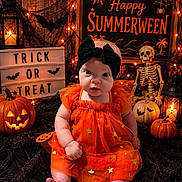 Mikaila joined the competition — help win amazing prizes! baby, infant, orange_dress, black_headband, pumpkin, jack_o_lantern, lantern, skeleton, halloween, holiday_decor, string_lights, sign, spooky, festive, cute, indoors, celebration, child, costume, holiday