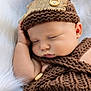 baby, sleeping, knitted, hat, brown, cozy, blanket, soft, cute, infant, peaceful, closeup, portrait, child, warm, resting, button, texture, cuddly, comfort