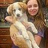 Charli Aka Lil Girl is registered to the contest to win money with this photo: girl, puppy, dog, child, smile, kitchen, wooden_cabinets, countertop, indoor, pet, happy, holding, young, brown_hair, casual_clothing, appliance, microwave, floor, cute, portrait