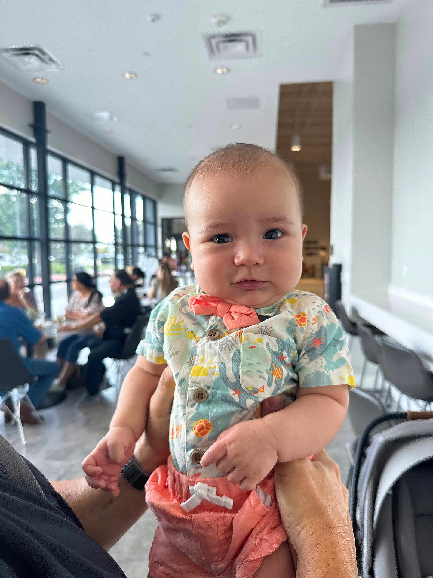 Ezra is registered to the contest to win money with this photo: baby, infant, child, person, holding, indoor, cafe, clothing, colorful, bow_tie, shorts, face, expression, cheeks, hands, people, windows, chairs, table, modern
