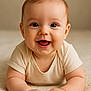 baby, smiling, infant, cute, lying_down, onesie, soft_carpet, happy, child, portrait, skin, face, hands, eyes, indoor, neutral_background, young, adorable, closeup, toddler