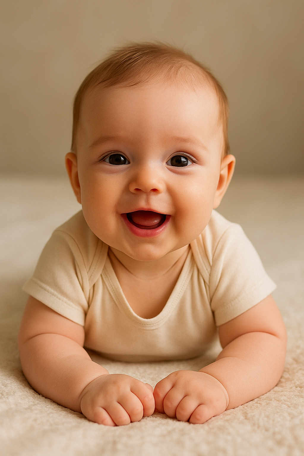 Alex a rejoint le concours — aidez-le/la à gagner de superbes lots ! baby, smiling, infant, cute, lying_down, onesie, soft_carpet, happy, child, portrait, skin, face, hands, eyes, indoor, neutral_background, young, adorable, closeup, toddler