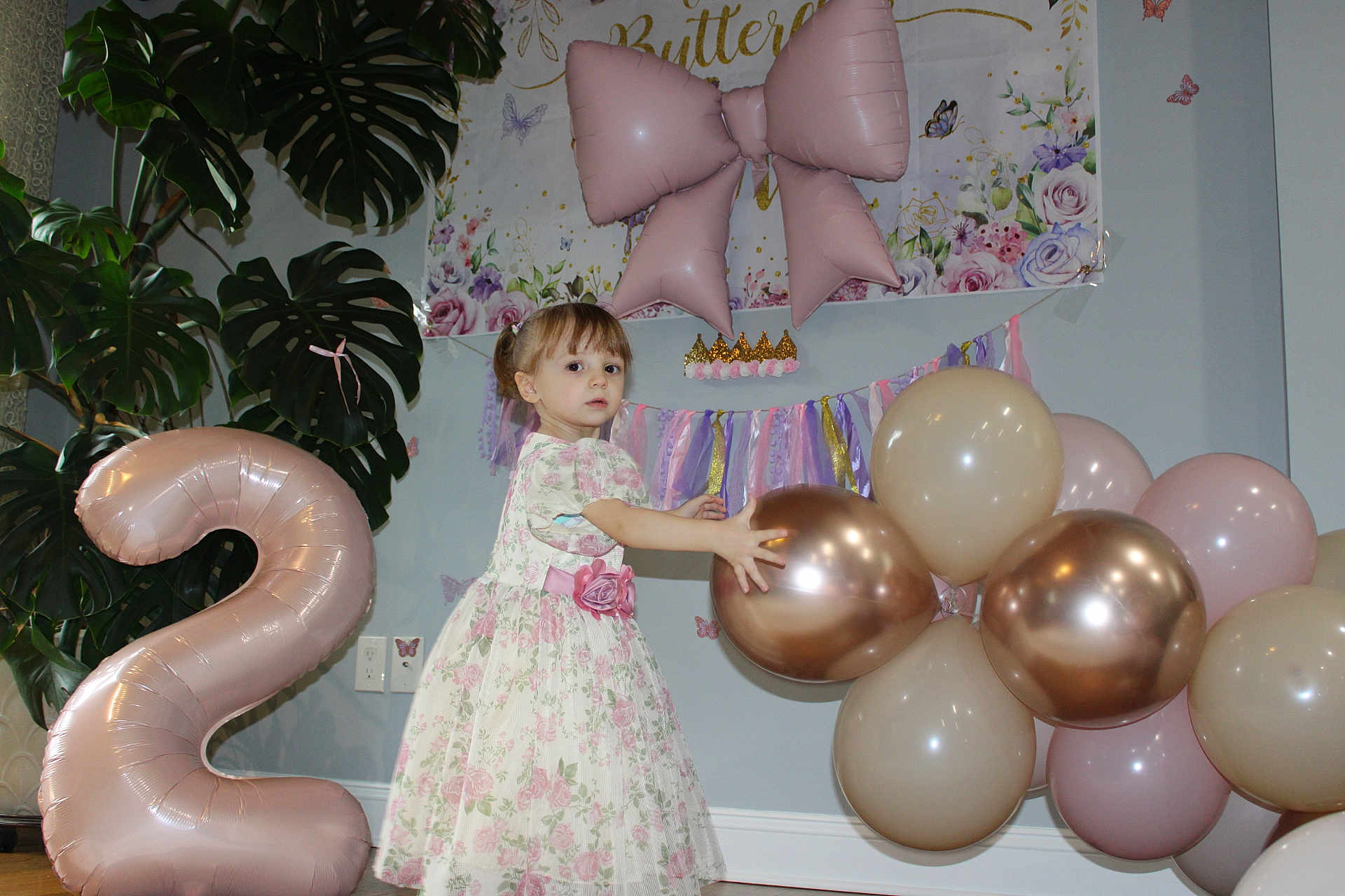 Era joined the competition — help win amazing prizes! child, toddler, girl, balloons, number_balloon, dress, floral_dress, party, birthday, party_decor, bow_balloon, metallic_balloons, banner, crown_decor, indoor, plant, monstera, wall, floor, celebration