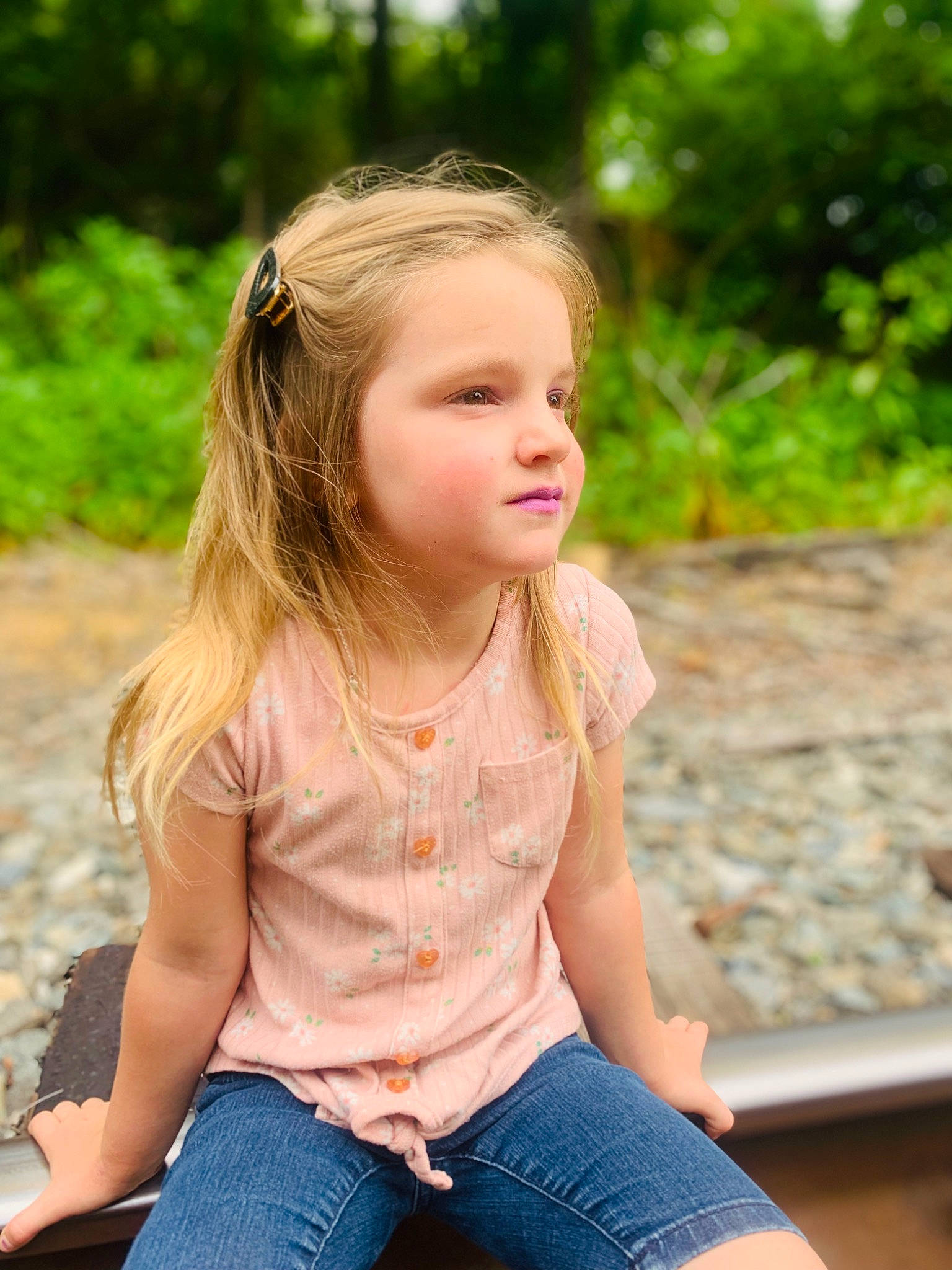 Lilliahna is registered to the contest to win money with this photo: beauty, clothing, fun, grass, happy, jeans, knee, leisure, lip, long_hair, people_in_nature, person, plant, shorts, skin, summer, sunlight, thigh, toddler, tree