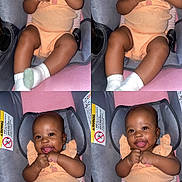 Nalani is registered to the contest to win money with this photo: baby, infant, child, car_seat, smiling, cute, peach_outfit, socks, hands, happy, portrait, indoors, seatbelt, collage, four_photos, skin, head, eyes, mouth, tongue