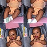 baby, infant, child, car_seat, smiling, cute, peach_outfit, socks, hands, happy, portrait, indoors, seatbelt, collage, four_photos, skin, head, eyes, mouth, tongue