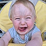 Eugène a rejoint le concours — aidez-le/la à gagner de superbes lots ! baby, child, smiling, tongue_out, high_chair, yellow, striped_clothing, happy, face, cute, infant, person, indoors, closeup, skin, head, arm, expression, playful, seated