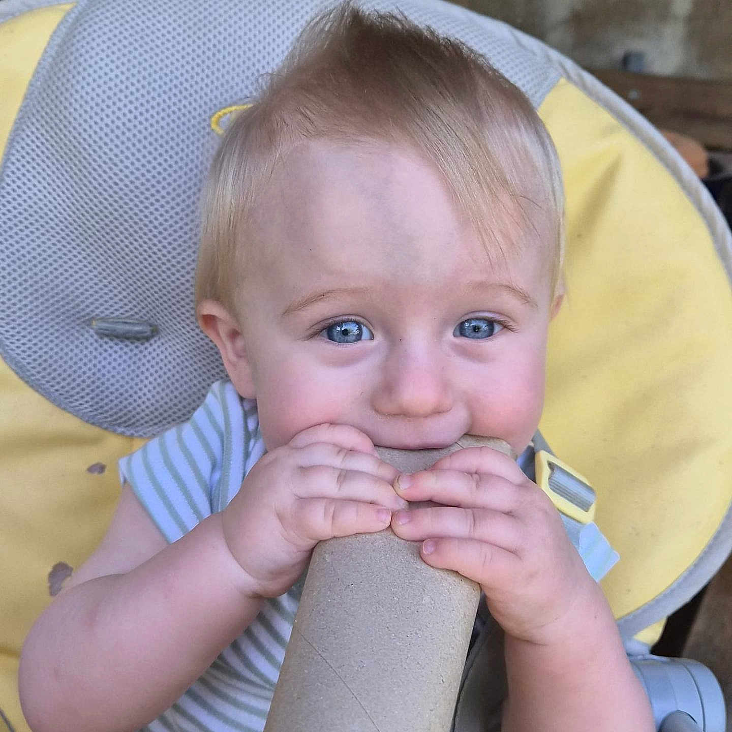 Eugène participe au concours pour gagner de l'argent avec cette photo : baby, blue_eyes, cardboard_tube, chewing, child, high_chair, yellow, striped_shirt, cute, hands, face, indoor, person, infant, furniture, seat, smiling, playful, closeup, portrait