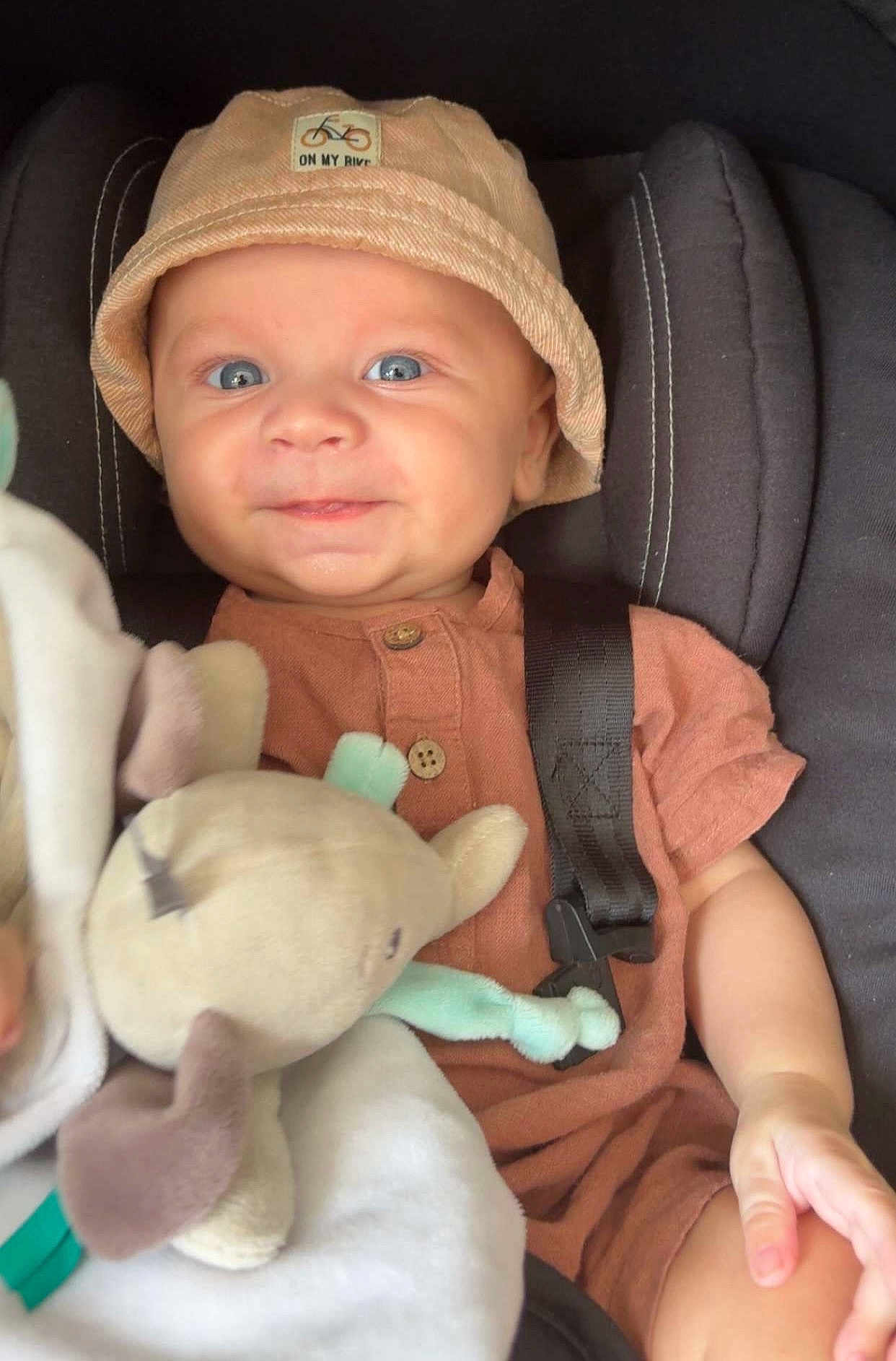 Milo participe au concours pour gagner de l'argent avec cette photo : baby, child, hat, blue_eyes, car_seat, seatbelt, plush_toy, smile, cute, infant, clothing, buttoned_shirt, soft_toy, comfort, indoor, portrait, skin, hand, expression, young