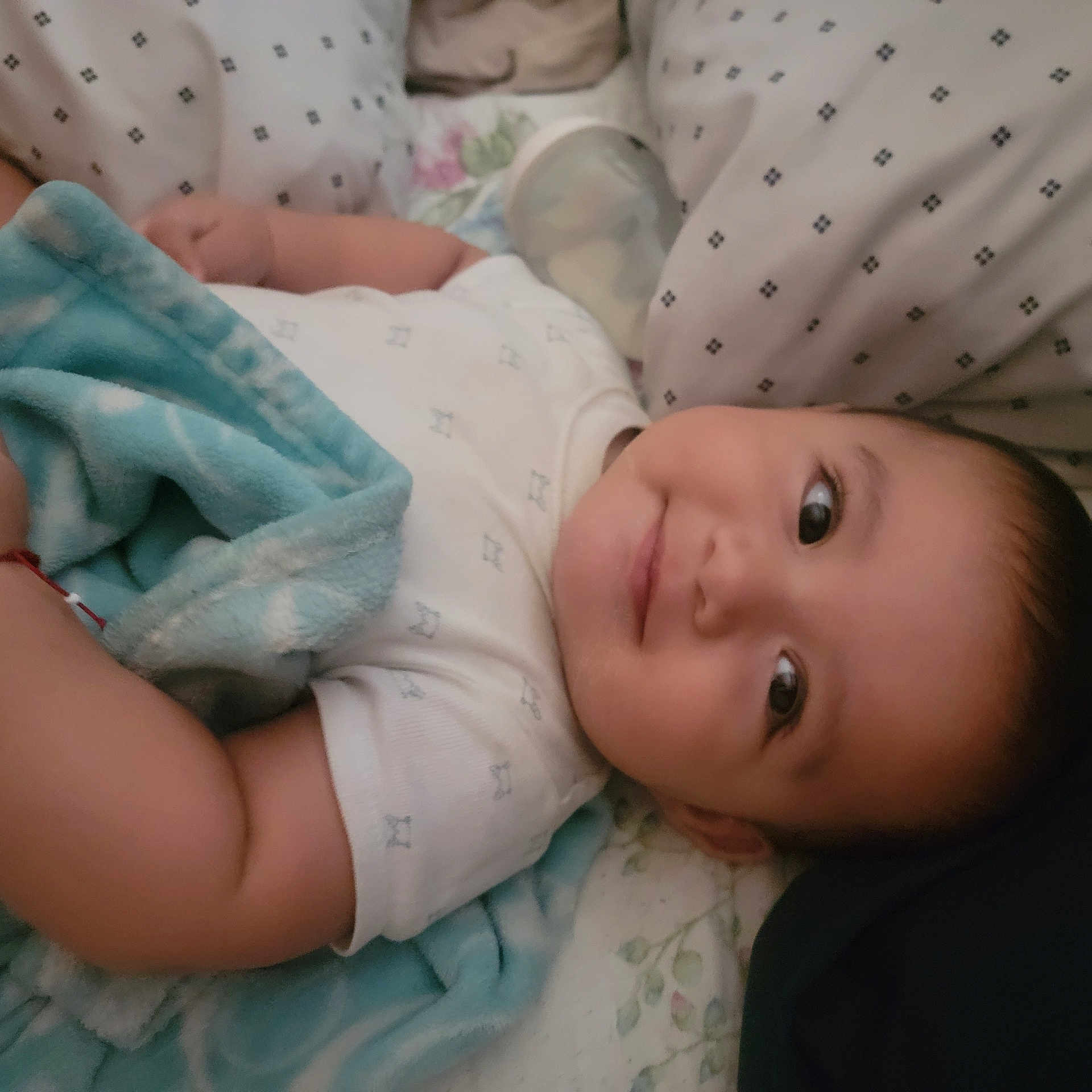 Leonel is registered to the contest to win money with this photo: baby, bed, bedroom, blanket, bodypart, crib, diaper, face, finger, furniture, hand, head, indoors, infantbed, newborn, person, photography, portrait, quilt, room