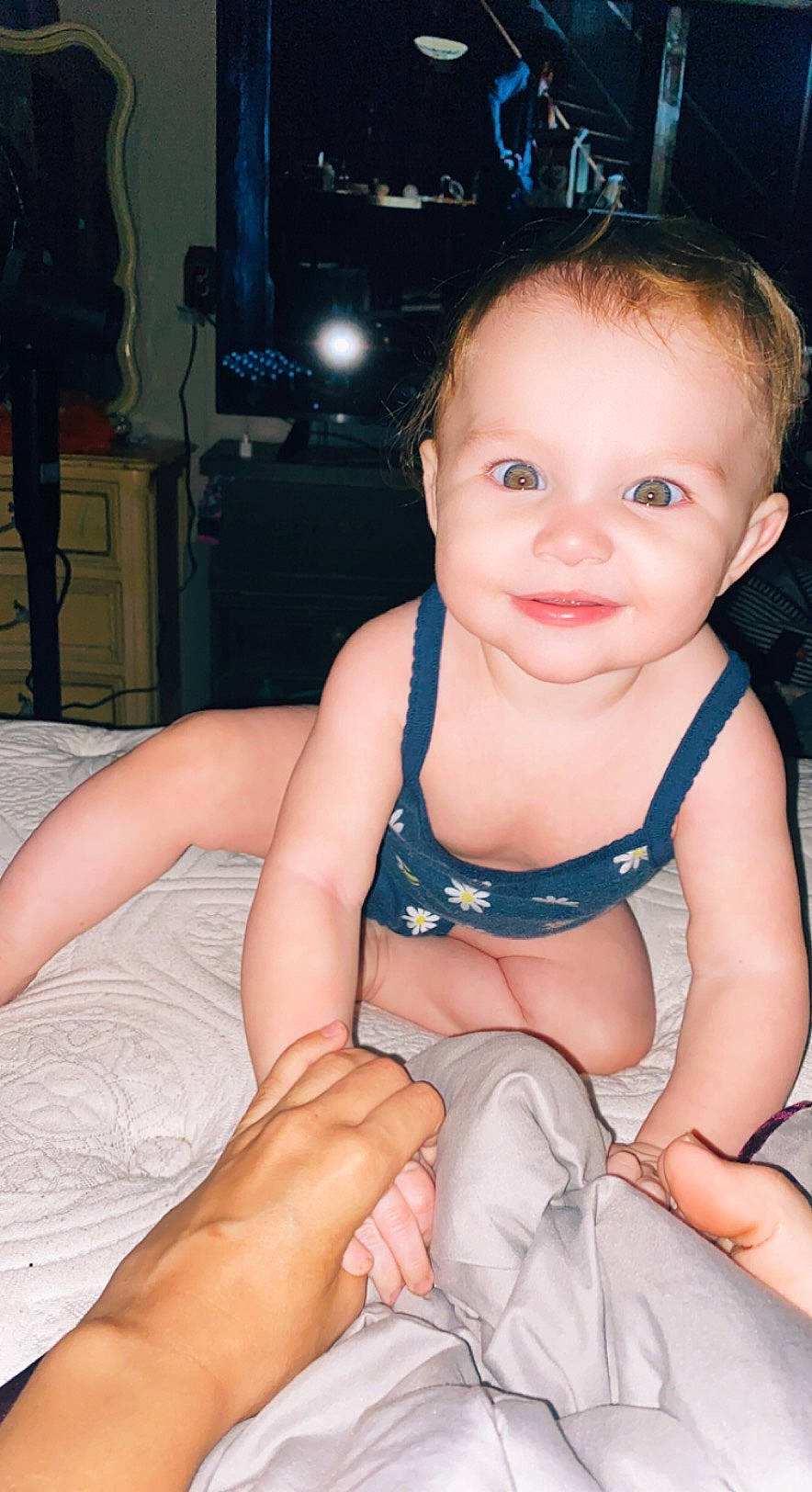 Karma is registered to the contest to win money with this photo: arm, baby_toddler_clothing, blue, cheek, chin, eye, finger, flash_photography, hair, hairstyle, iris, joint, joy, leg, mouth, muscle, neck, person, shoulder, skin