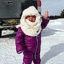 toddler, child, snow, winter_clothing, purple_snowsuit, white_hood, booties, outdoor, vehicle, license_plate, snowy_ground, waving, cold_weather, smiling, face, person, daylight, happy, nature, cute
