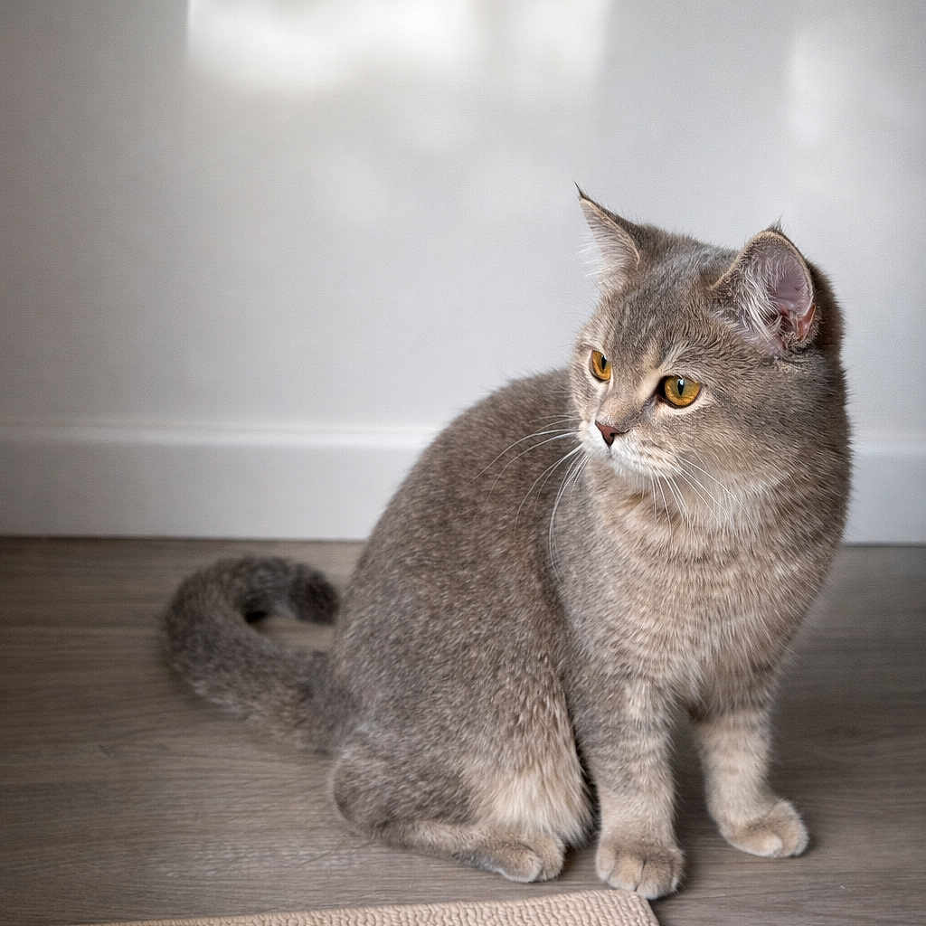 Nuki a rejoint le concours — aidez-le/la à gagner de superbes lots ! cat, cozy, curious, domestic_cat, ears, golden_eyes, gray_cat, hardwood_floor, home_interior, indoor, minimal_background, paws, pet, portrait, rug, sitting, sunlight, tail, wall, whiskers