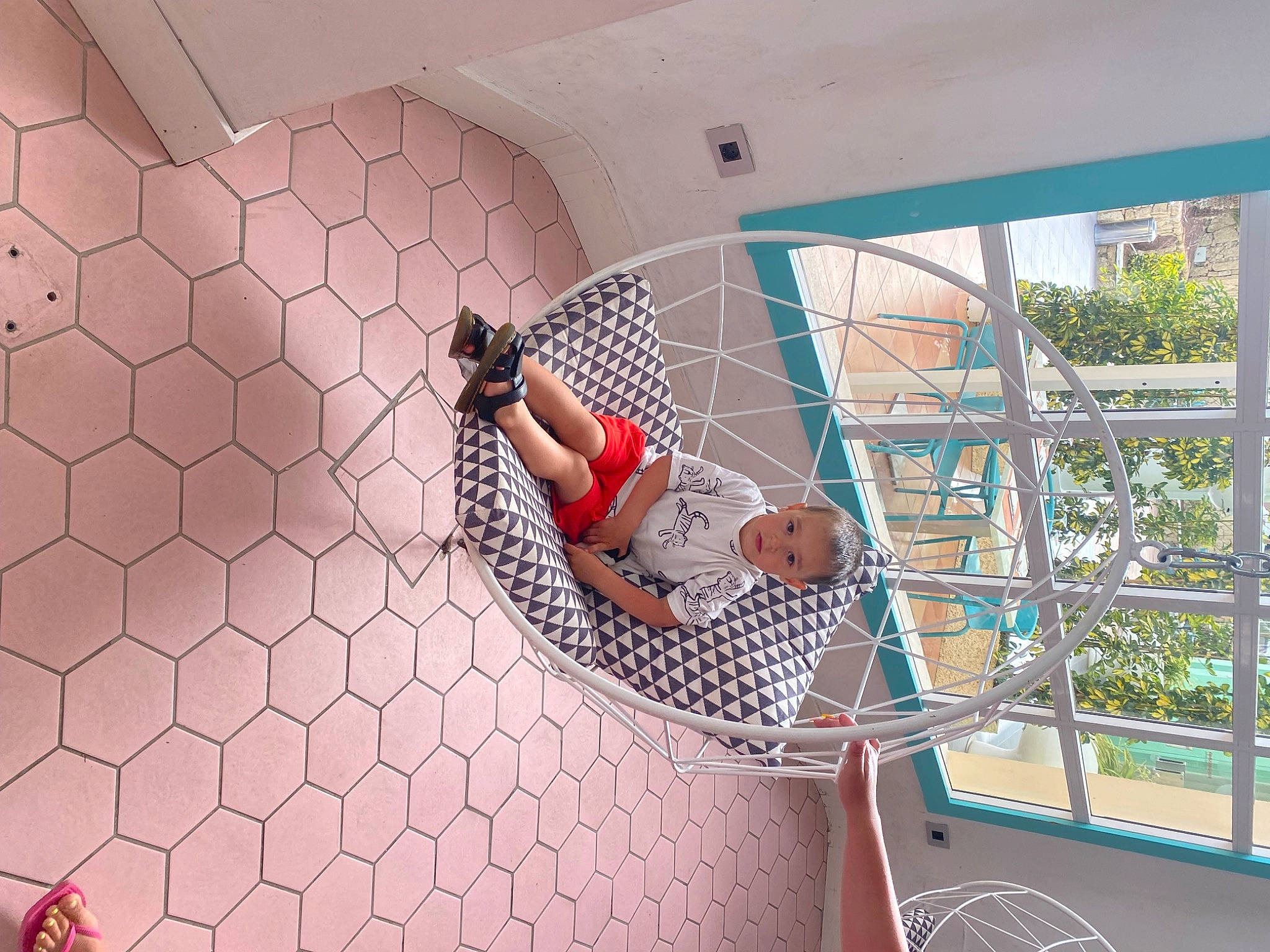 Lucas joined the competition — help win amazing prizes! building, ceiling, circle, daylighting, event, fun, handrail, human_leg, leisure, line, metal, pattern, person, recreation, red, shorts, symmetry, thigh, tree