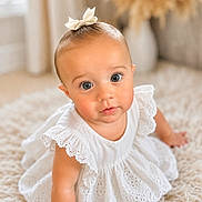 Marlow is registered to the contest to win money with this photo: adorable, baby, bow, candid, child, closeup, curious_eyes, cute, fashion, fluffy, girl, head_accessory, indoor, innocence, person, portrait, sitting, soft_rug, white_dress, young_child