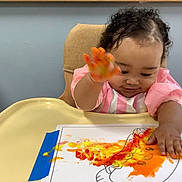 Lovely joined the competition — help win amazing prizes! toddler, child, highchair, finger_painting, paint, orange_paint, yellow_paint, handprint, art, creative, messy, curly_hair, pink_clothing, paper, table, indoor, baby, happy, play, expression