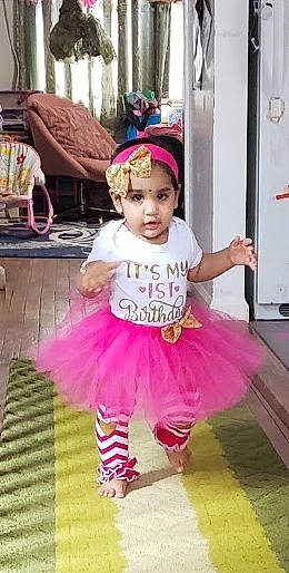Annabella joined the competition — help win amazing prizes! baby, baby_toddler_clothing, child, costume, door, event, fashion_accessory, flooring, fun, happy, hat, headwear, magenta, pattern, person, pink, purple, ruffle, sleeve, t_shirt
