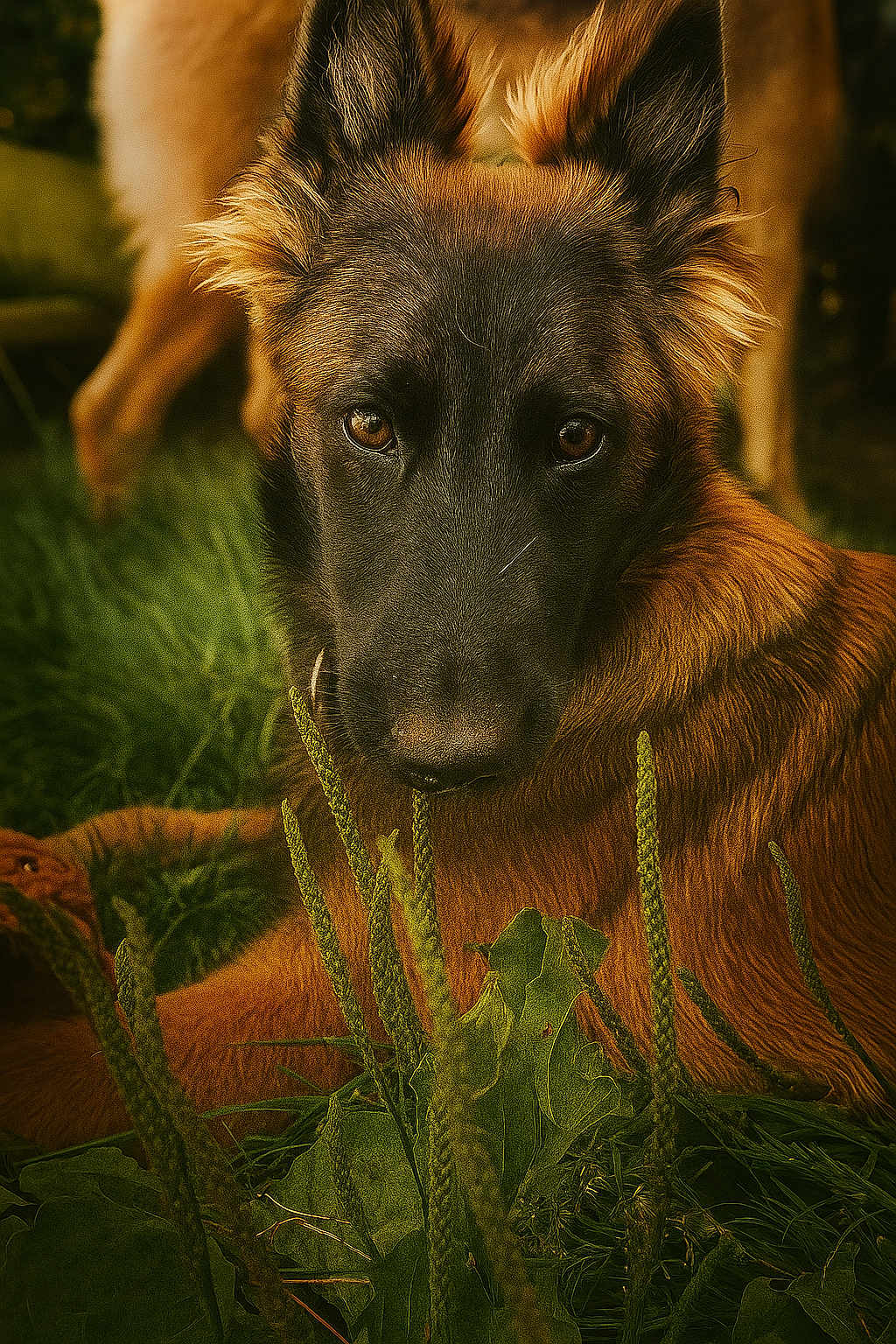 Frëja a rejoint le concours — aidez-le/la à gagner de superbes lots ! dog, animal, grass, leaf, close_up, outdoor, pet, canine, fur, nature, brown, black, portrait, ears, face, eyes, lying_down, plant, summer, daylight