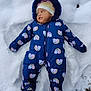 baby, child, snow, snowsuit, winter, outdoor, cold, hat, fur_hood, footprints, curious, cute, warm_clothing, infant, playful, nature, laying_down, winter_wear, colorful, patterned