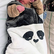 Adam a rejoint le concours — aidez-le/la à gagner de superbes lots ! newborn, baby, infant, blanket, panda, hat, sleeping, hospital, bed, medical_equipment, person, clothing, cute, resting, cozy, soft, indoors, child, wrapped, peaceful
