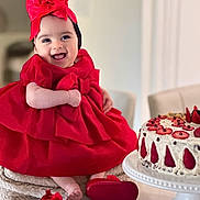 Gianna joined the competition — help win amazing prizes! baby, child, red_dress, headband, bow, smiling, cake, strawberry, dessert, table, shoes, indoor, cute, happy, celebration, person, portrait, food, sitting, festive