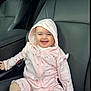 Gianna is registered to the contest to win money with this photo: baby, child, smile, hoodie, pink_clothing, car_seat, seatbelt, happy, infant, cute, clothing, portrait, sitting, interior, car, young_child, cute_expression, fashion, casual_wear, fun