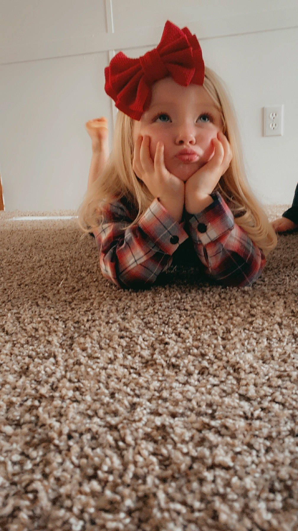 Oaklynn is registered to the contest to win money with this photo: blond, brown_hair, cap, child, doll, fawn, floor, flooring, hardwood, head, human_leg, joint, lip, long_hair, person, red_hair, skin, toy, tree, wig