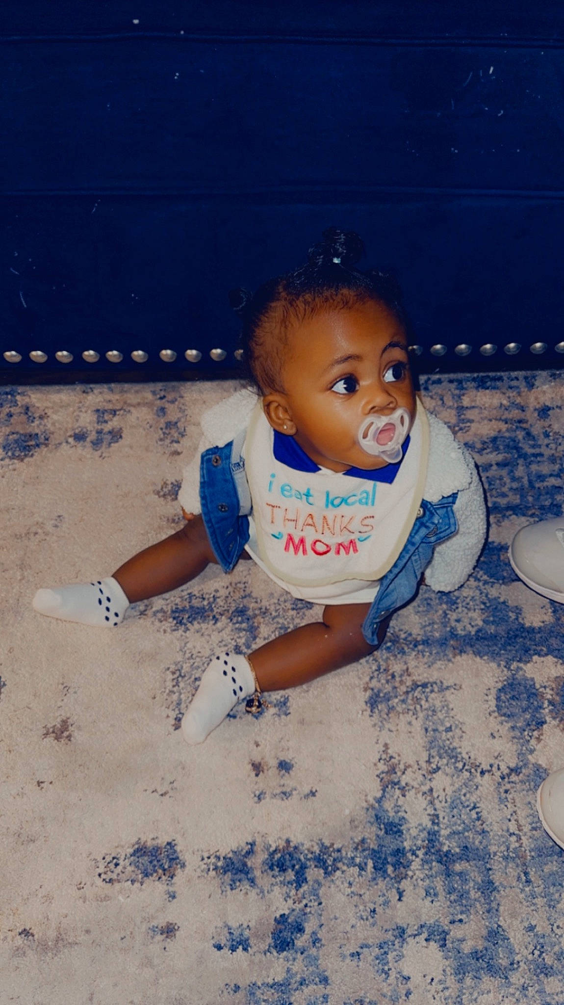 Ryleigh is registered to the contest to win money with this photo: baby, baby_toddler_clothing, blue, cheek, child, electric_blue, floor, flooring, fun, happy, human_leg, leisure, pattern, person, play, room, sitting, soil, t_shirt, toddler