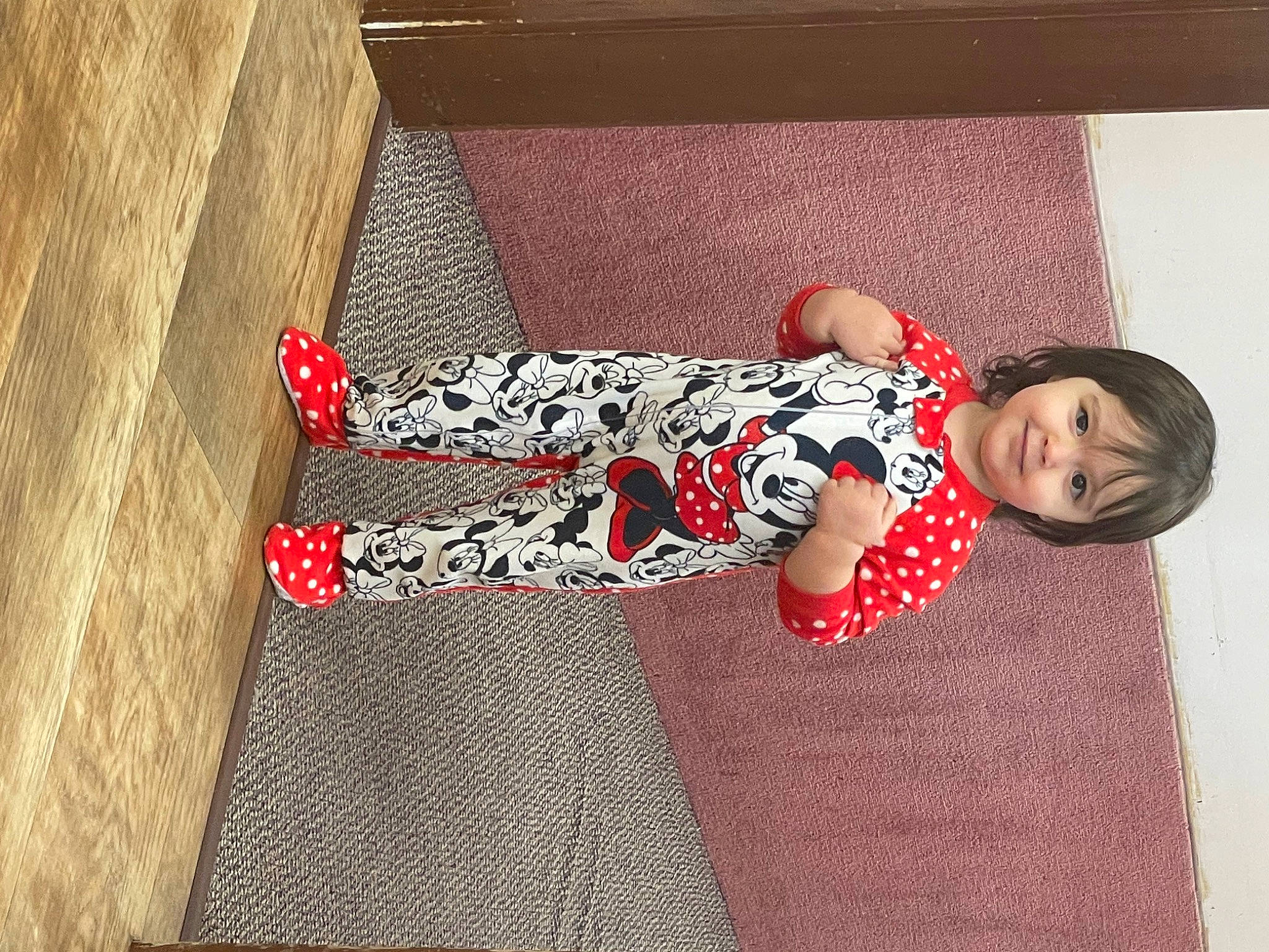 Anastacia joined the competition — help win amazing prizes! baby_toddler_clothing, carmine, child, dress, floor, flooring, hardwood, human_leg, knee, leg, pattern, person, rectangle, red, sleeve, smile, sock, textile, thigh, toddler