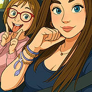 Oceane participe au concours pour gagner de l'argent avec cette photo : cartoon, illustration, female, child, glasses, car_interior, blue_eyes, smile, peace_sign, tongue_out, bracelets, long_hair, short_hair, seatbelt, casual_clothing, necklace, window, tree, playful, happy