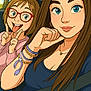 cartoon, illustration, female, child, glasses, car_interior, blue_eyes, smile, peace_sign, tongue_out, bracelets, long_hair, short_hair, seatbelt, casual_clothing, necklace, window, tree, playful, happy