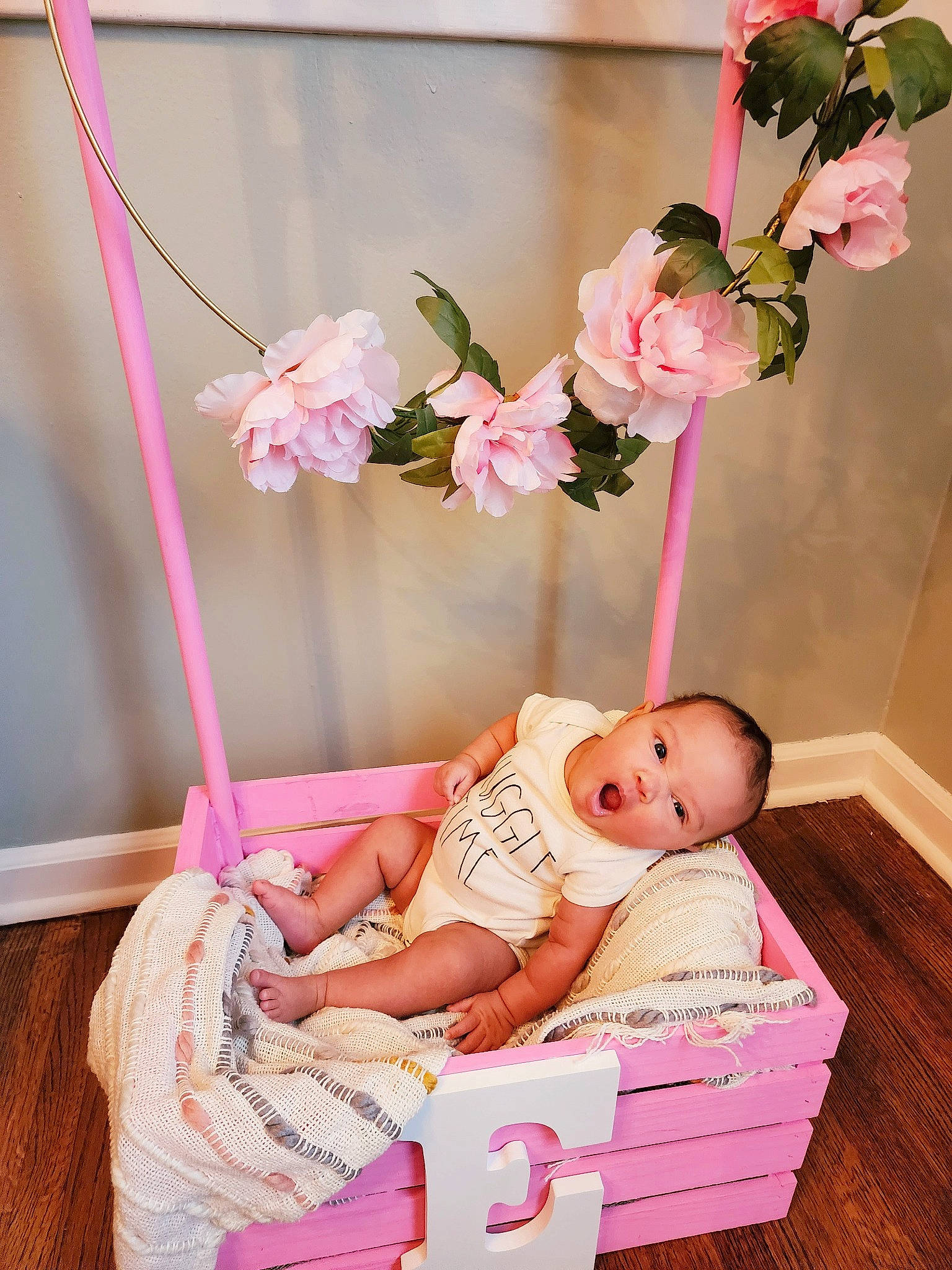 Elizabeth joined the competition — help win amazing prizes! artificial_flower, baby, baby_products, baby_toddler_clothing, child, comfort, cut_flowers, event, flower, flower_arranging, happy, leg, magenta, peach, person, petal, pink, plant, rose, textile