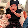 Amethyst is registered to the contest to win money with this photo: baby, black_clothing, blanket, bow, casual_clothing, child, comfortable, cozy, curious_expression, cute, hand_near_mouth, headband, indoors, infant, lying_down, newborn, pink_blanket, portrait, soft_texture, wide_eyes