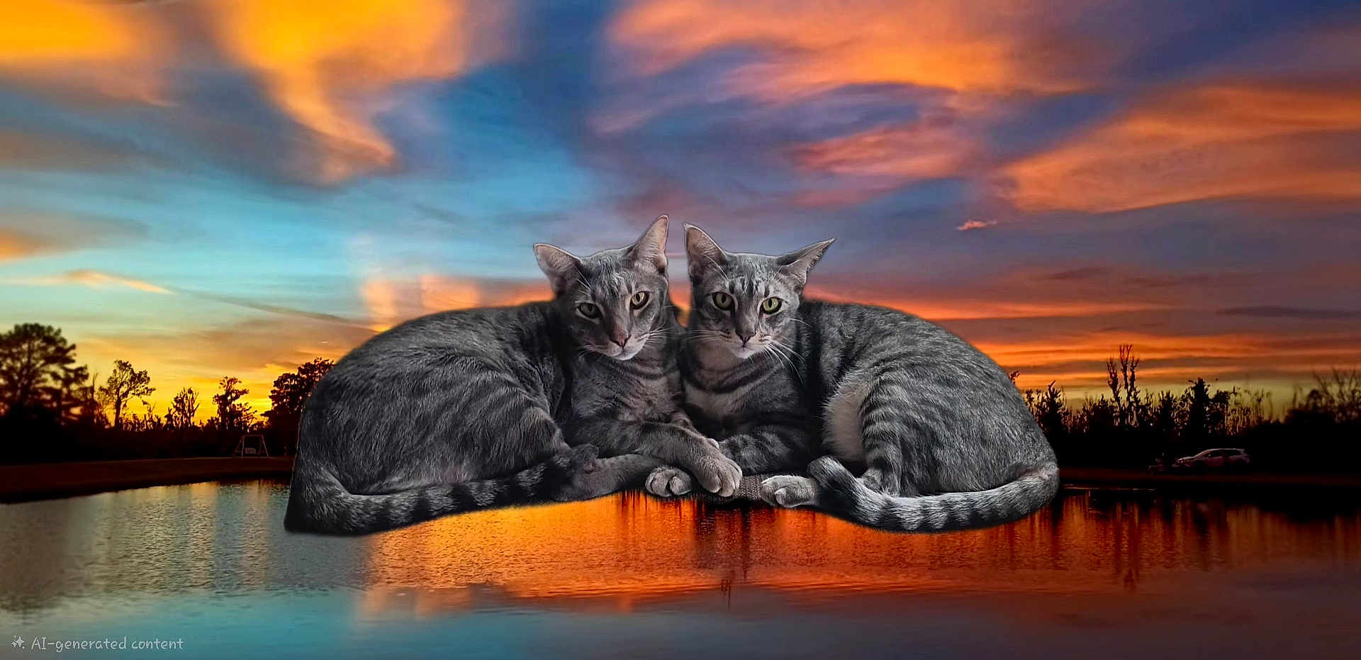 Bluey And Lil' Girl is registered to the contest to win money with this photo: cat, tabby_cat, sunset, water, reflection, sky, clouds, nature, outdoor, animal, pets, twilight, scenery, silhouette, peaceful, serene, two_cats, feline, landscape, evening