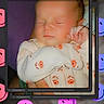 newborn, baby, sleeping, infant, portrait, face, closed_eyes, onesie, floral_clothing, swaddled, hand, outdoor, digital_art, smiley_faces, pink, purple, computer_window, collage, photography, cute