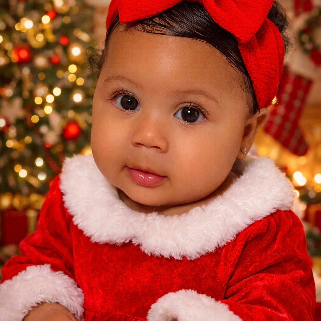 Auna is registered to the contest to win money with this photo: baby, celebration, child, christmas, christmas_tree, cute, face, festive, fur_trim, happy, holiday, holiday_decorations, indoors, infant, portrait, red_bow, red_dress, smile, soft_lighting, warm_colors