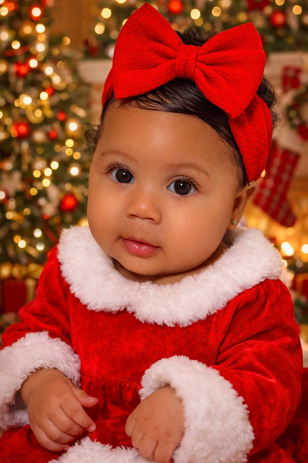 Auna is registered to the contest to win money with this photo: baby, celebration, child, christmas, christmas_tree, cute, face, festive, fur_trim, happy, holiday, holiday_decorations, indoors, infant, portrait, red_bow, red_dress, smile, soft_lighting, warm_colors