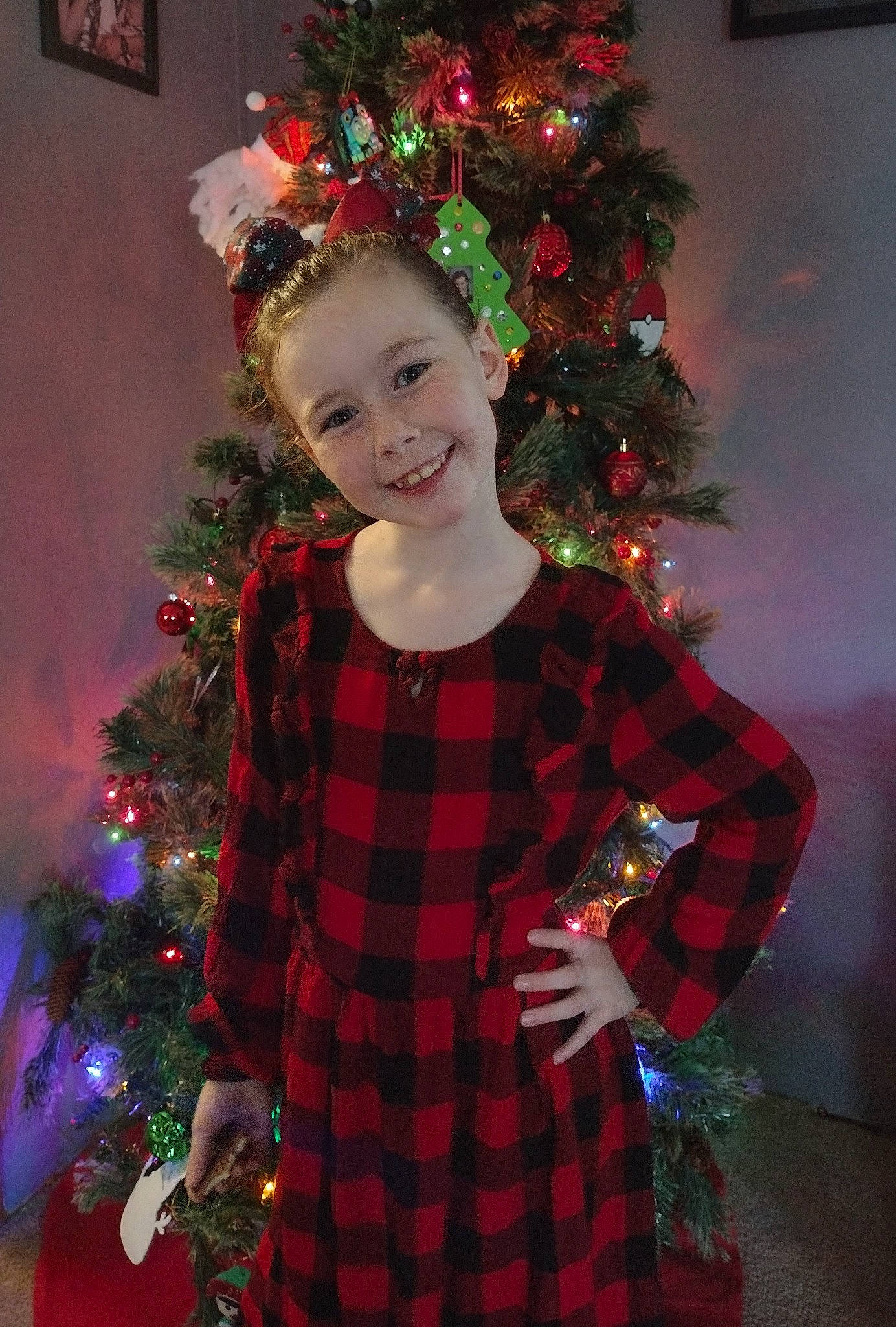 Sophia joined the competition — help win amazing prizes! beauty, christmas_decoration, christmas_ornament, christmas_tree, dress, event, evergreen, happy, head, holiday_ornament, human_body, joy, person, plaid, plant, red, sleeve, smile, standing, tartan