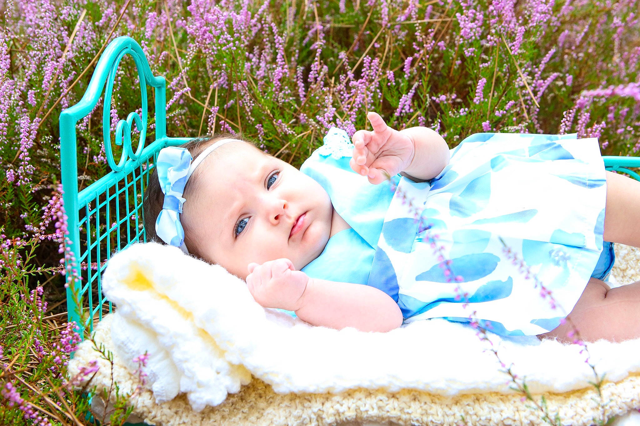Aliya participe au concours pour gagner de l'argent avec cette photo : baby, baby_toddler_clothing, blue, child, fun, grass, grass_family, green, happy, headband, headpiece, pattern, people_in_nature, person, pink, plant, purple, sitting, skin, toddler